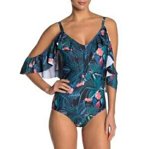 New Nicole Miller Ruffle Cold Shoulder One Piece Swimsuit Floral Tropical Sz S